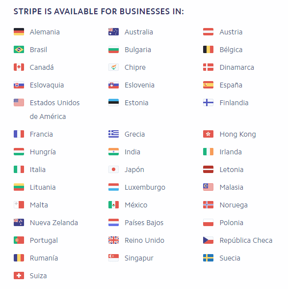 stripe paises admitidos listado
